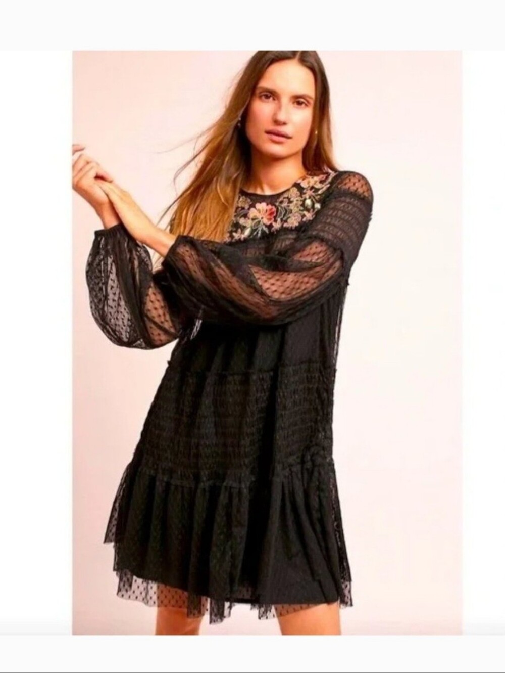 Maeve (Anthropologie) Samara Mesh Tunic Dress  With Embroidery And Lace- - Lg